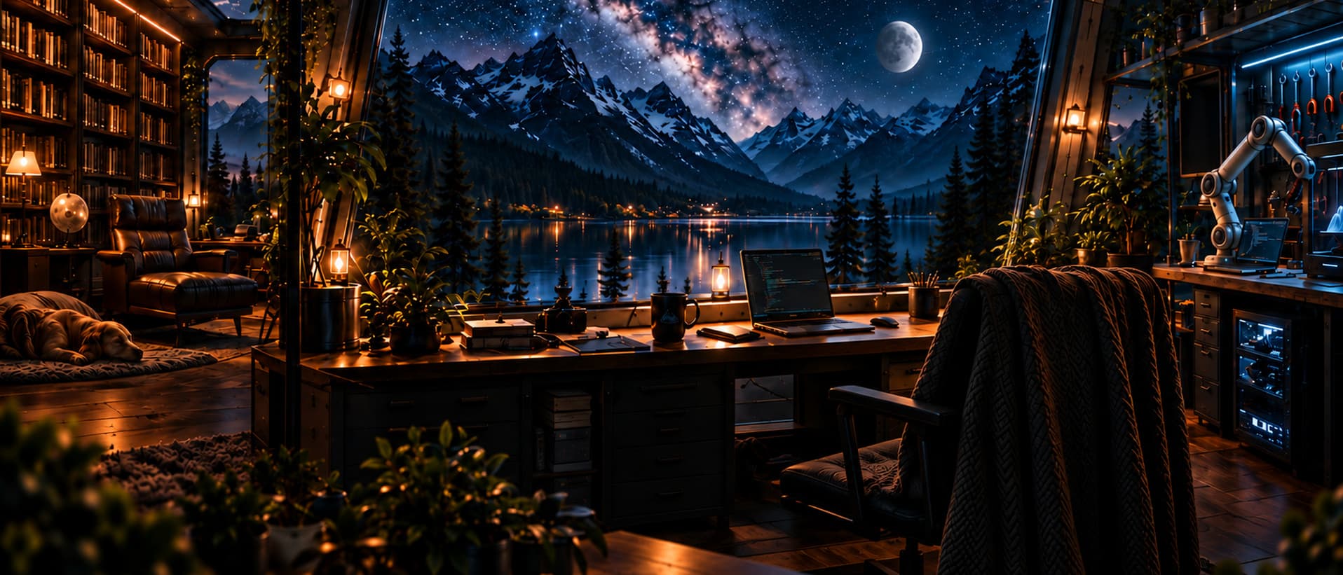 A mountain shelter at night: library on the left, a man at a desk in the center, and a workshop on the right, with a lake, moon, and Milky Way outside.